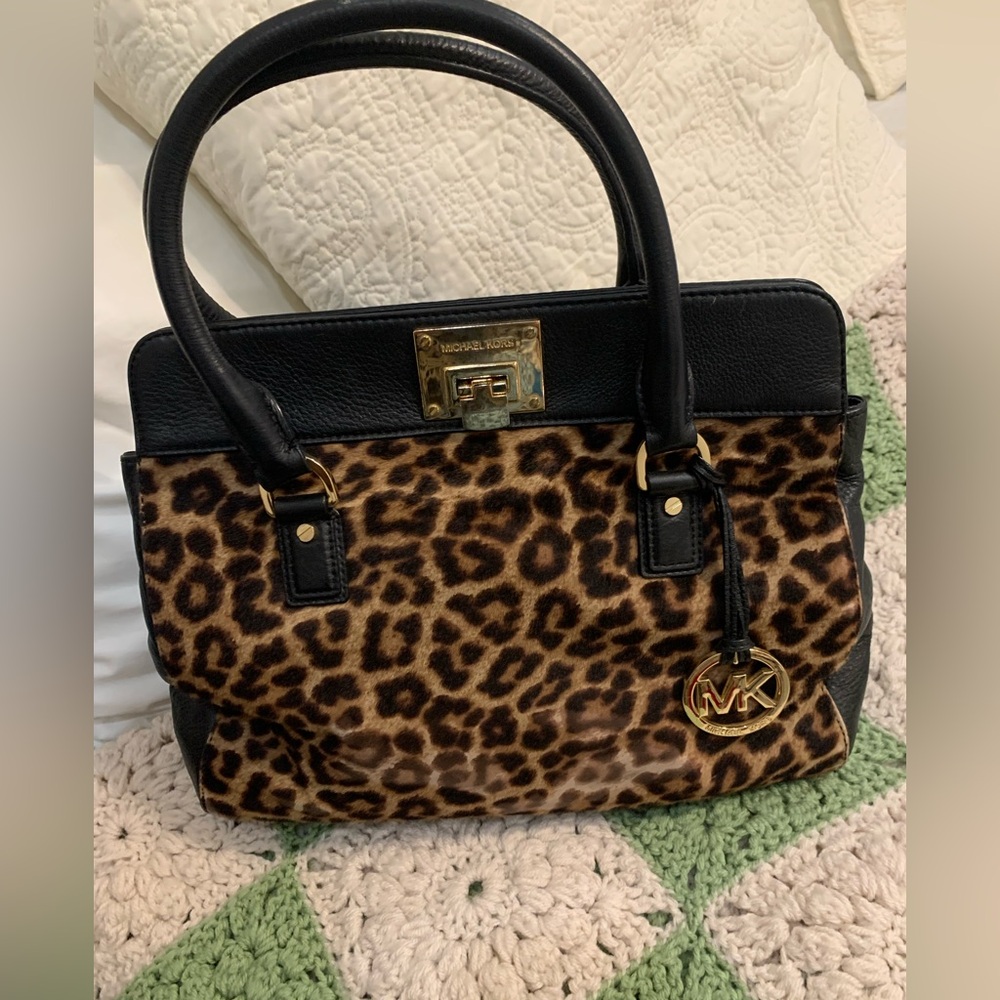 Michael Kors Leopard Calf Hair Tote Bag with Black Leather & Gold Accents - Picture 3 of 16